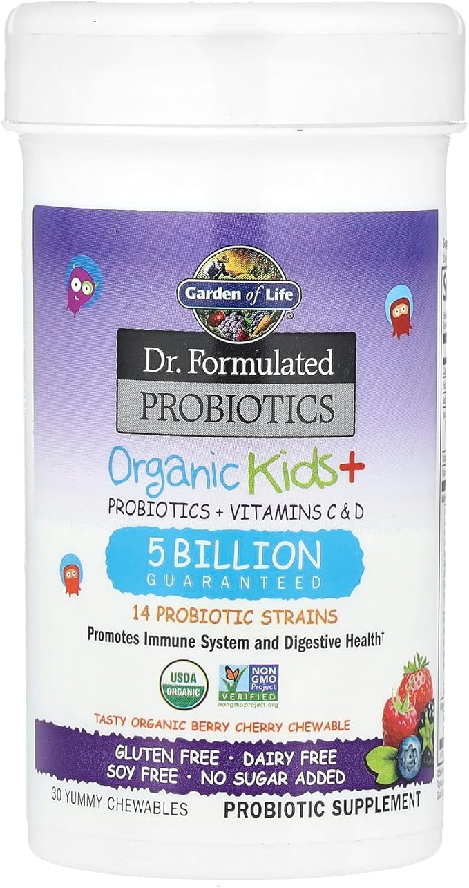 Garden of Life Dr. Formulated Kids+ Probiotic bottle  with berry cherry 30 chewable tablets.