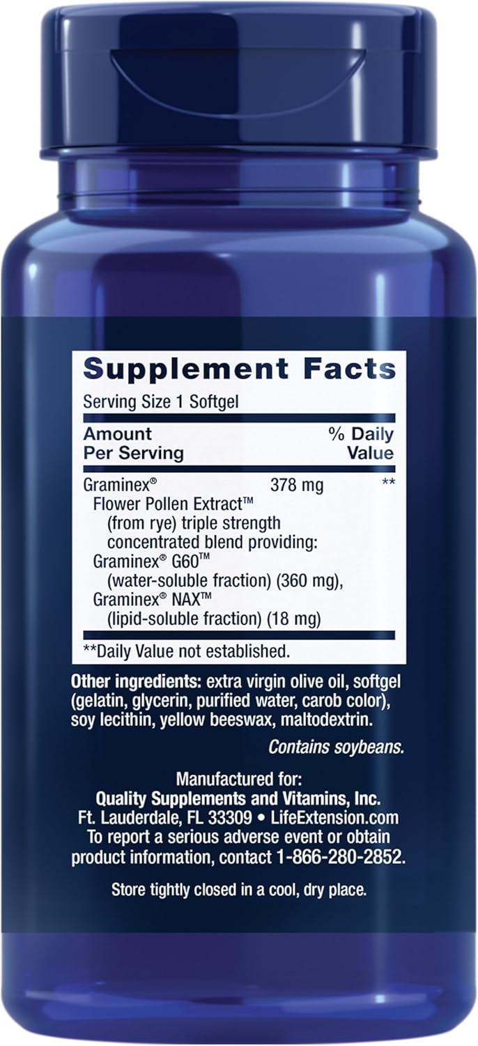 Life Extension Triple Strength ProstaPollen 30 softgels supplement facts label
