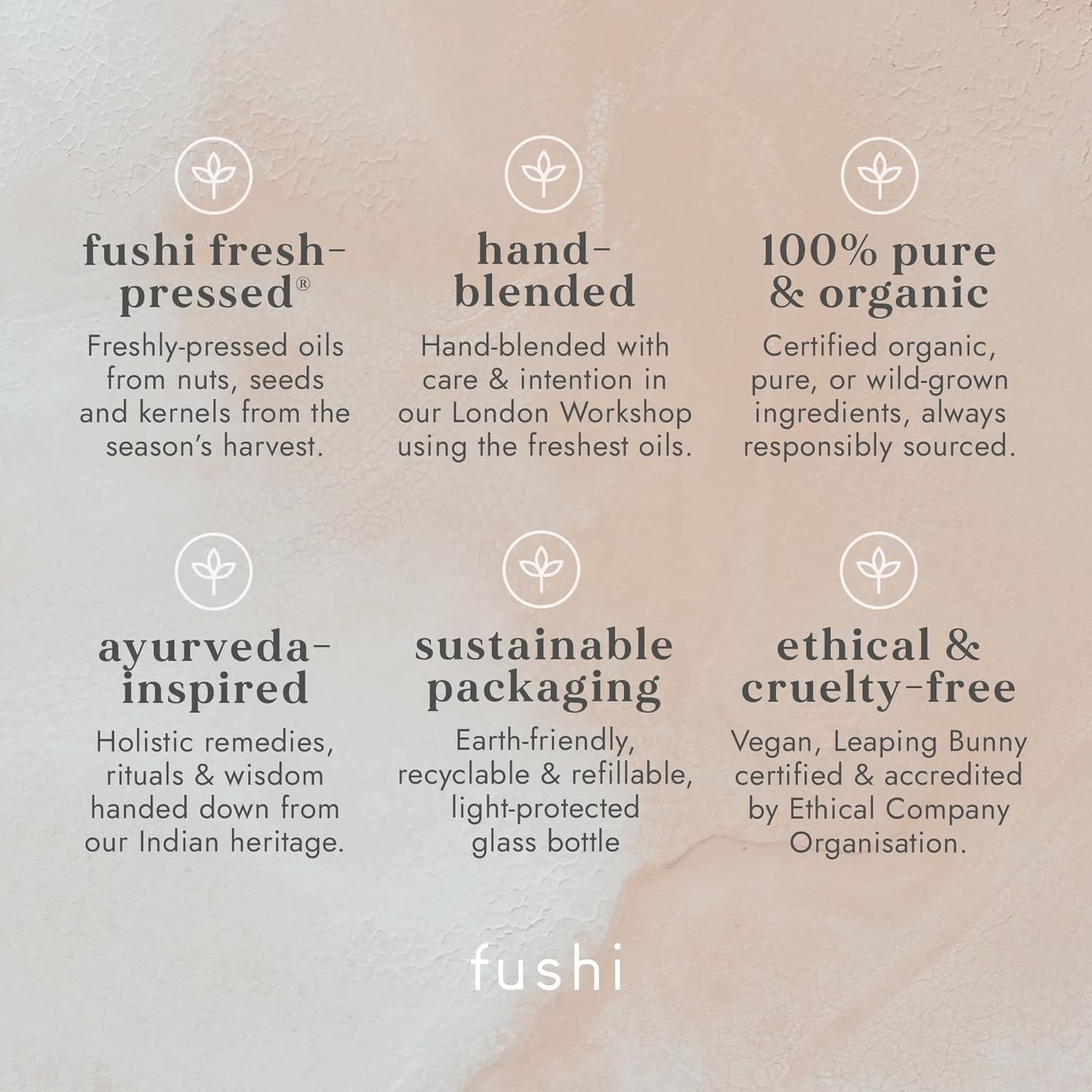 Fushi product description card with text on a beige background
