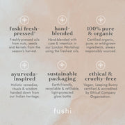 Fushi product description card with text on a beige background