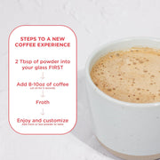 How to Use: Laird Superfood sweet and creamy coffee creamer mixing instructions 227g on white background