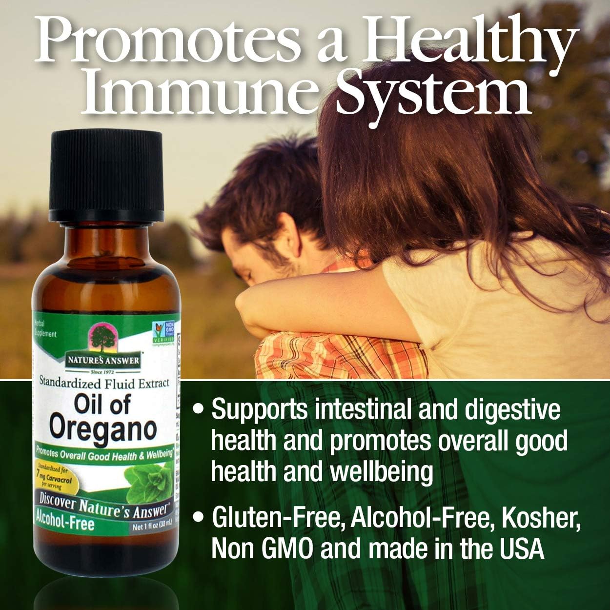 Bottle of Oil of Oregano with promotional text about immune system health and wellness.