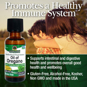 Bottle of Oil of Oregano with promotional text about immune system health and wellness.
