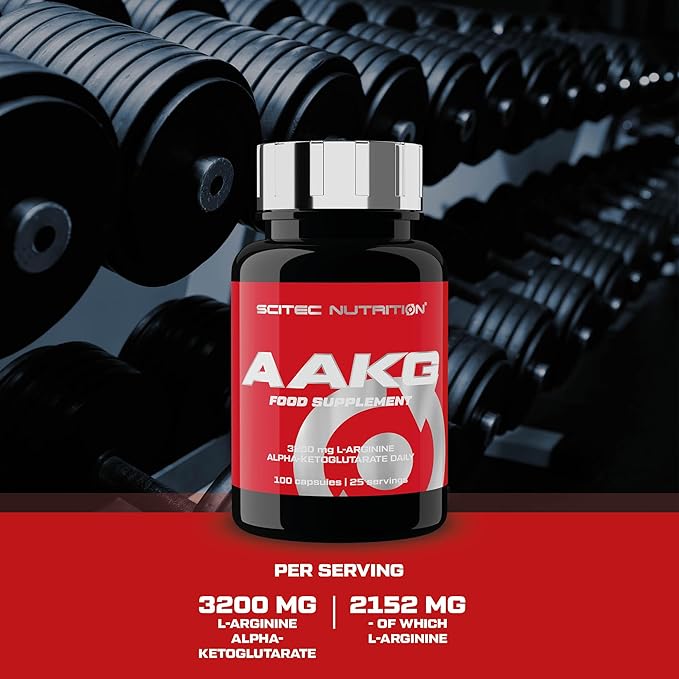 Bottle showing supplement facts for Scitec AAKG 3200mg L-Arginine Alpha-Ketoglutarate.