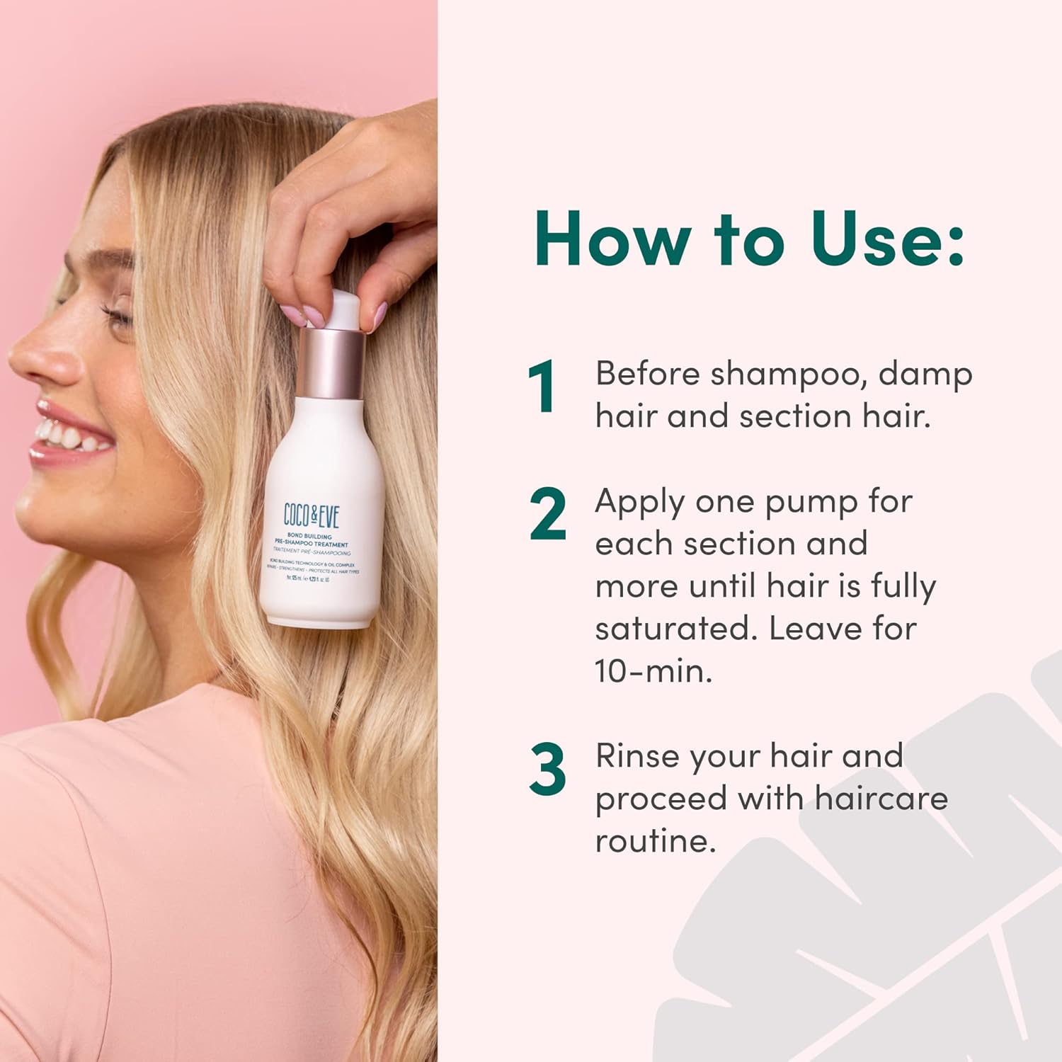 How to Use: Hair treatment being applied to damp hair.
