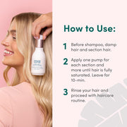 How to Use: Hair treatment being applied to damp hair.