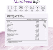 Novomins Night Time Gummies Sugar Free Raspberry 60 Count nutritional info vitamins panel