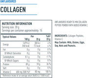 Supplement facts and ingredients for unflavoured collagen powder.
