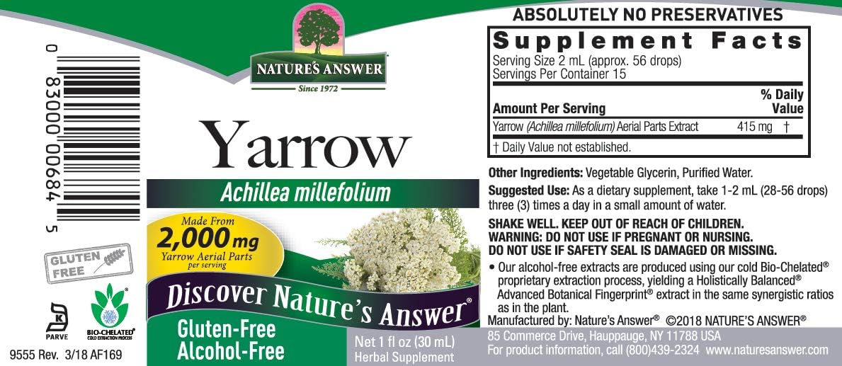 Nature's Answer Yarrow supplement label with text and graphics.