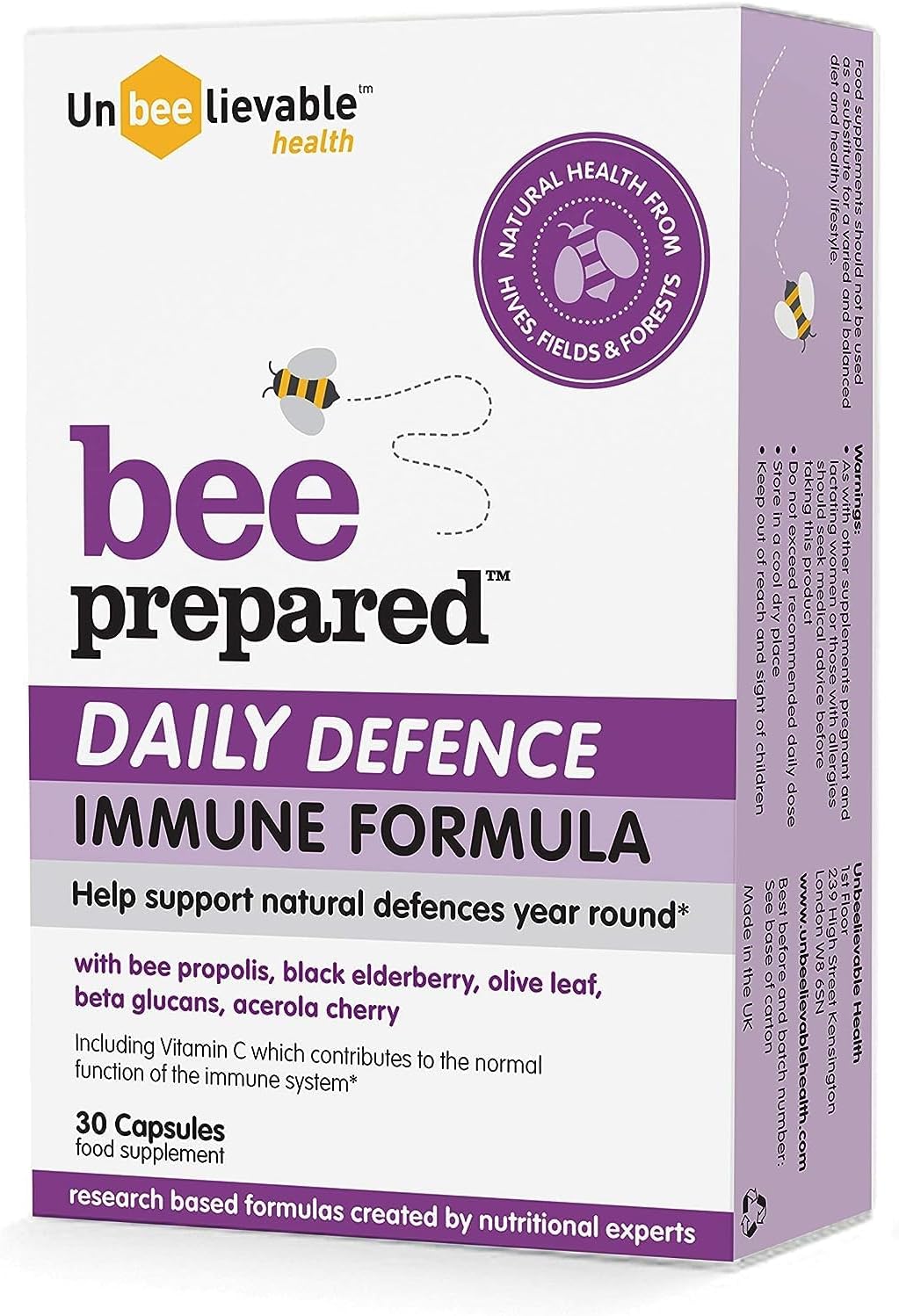 Unbeelievable Health Bee Prepared daily immune support supplement bottle, 30 capsules.