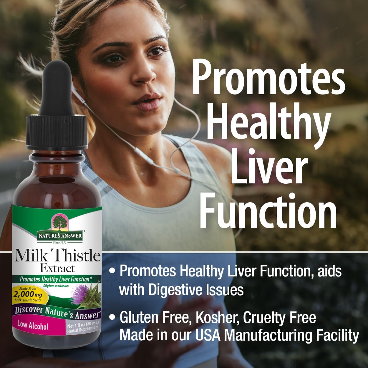 Bottle of Milk Thistle Extract with a woman exercising in the background, promoting healthy liver function.
