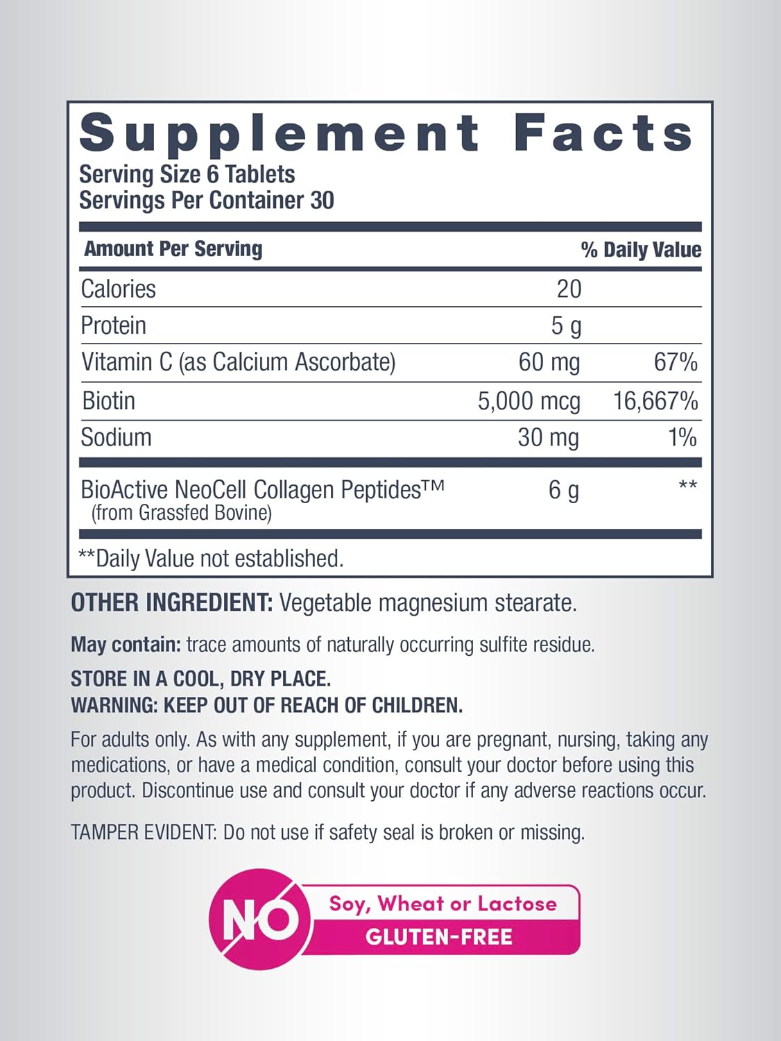 Supplement facts and directions for NeoCell collagen tablets supplement.