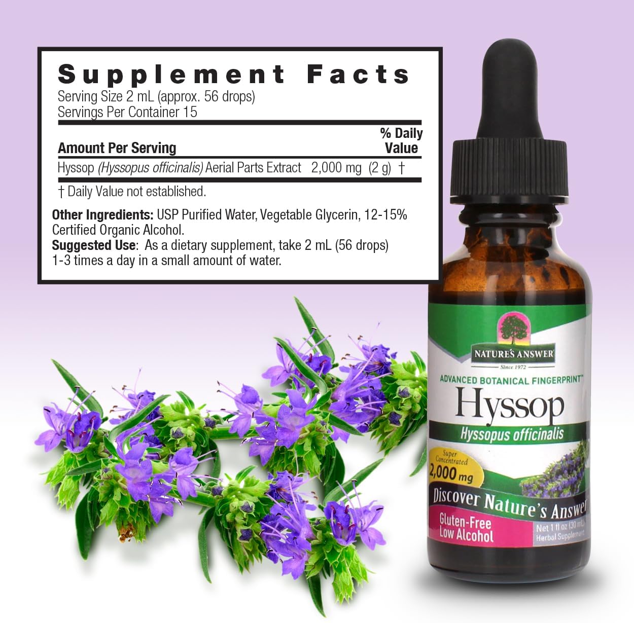 Nature's Answer Hyssop supplement bottle with dropper and hyssop plant on a light purple background