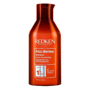 Redken Frizz Dismiss Shampoo bottle, sulfate-free, 300ml size on white background.