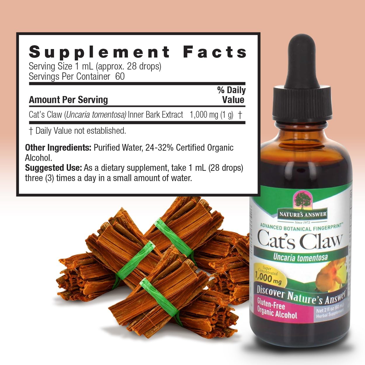 Cat's Claw supplement bottle with dried root bundles and supplement facts label on a light pink background