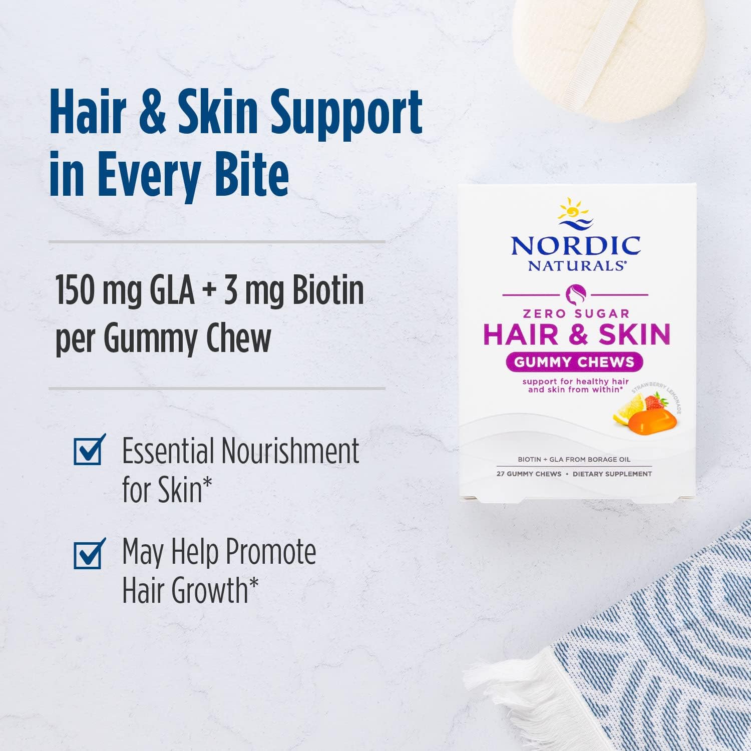 Nordic Naturals Zero Sugar Hair & Skin Gummy Chews strawberry lemonade box.