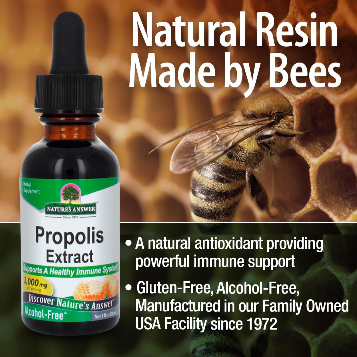Nature's Answer Propolis Extract bottle with a bee on honeycomb background