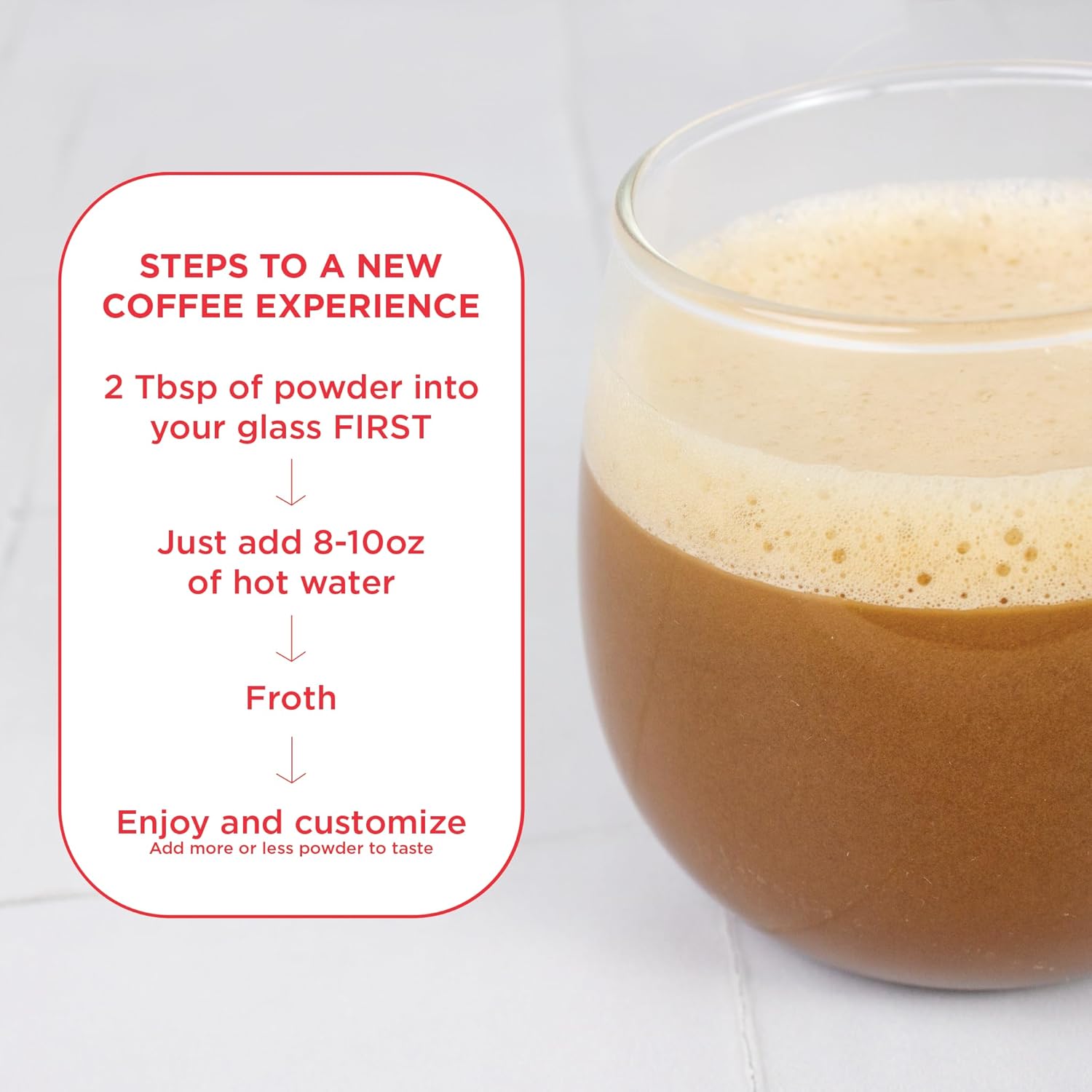 How to Use: Laird Superfood non-dairy instant latte mixing instructions 227g on white background