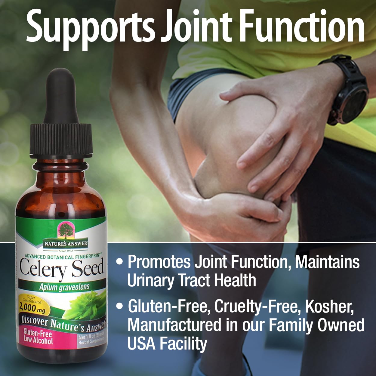 Bottle of Nature's Answer Celery Seed with a person holding their knee, promoting joint function.