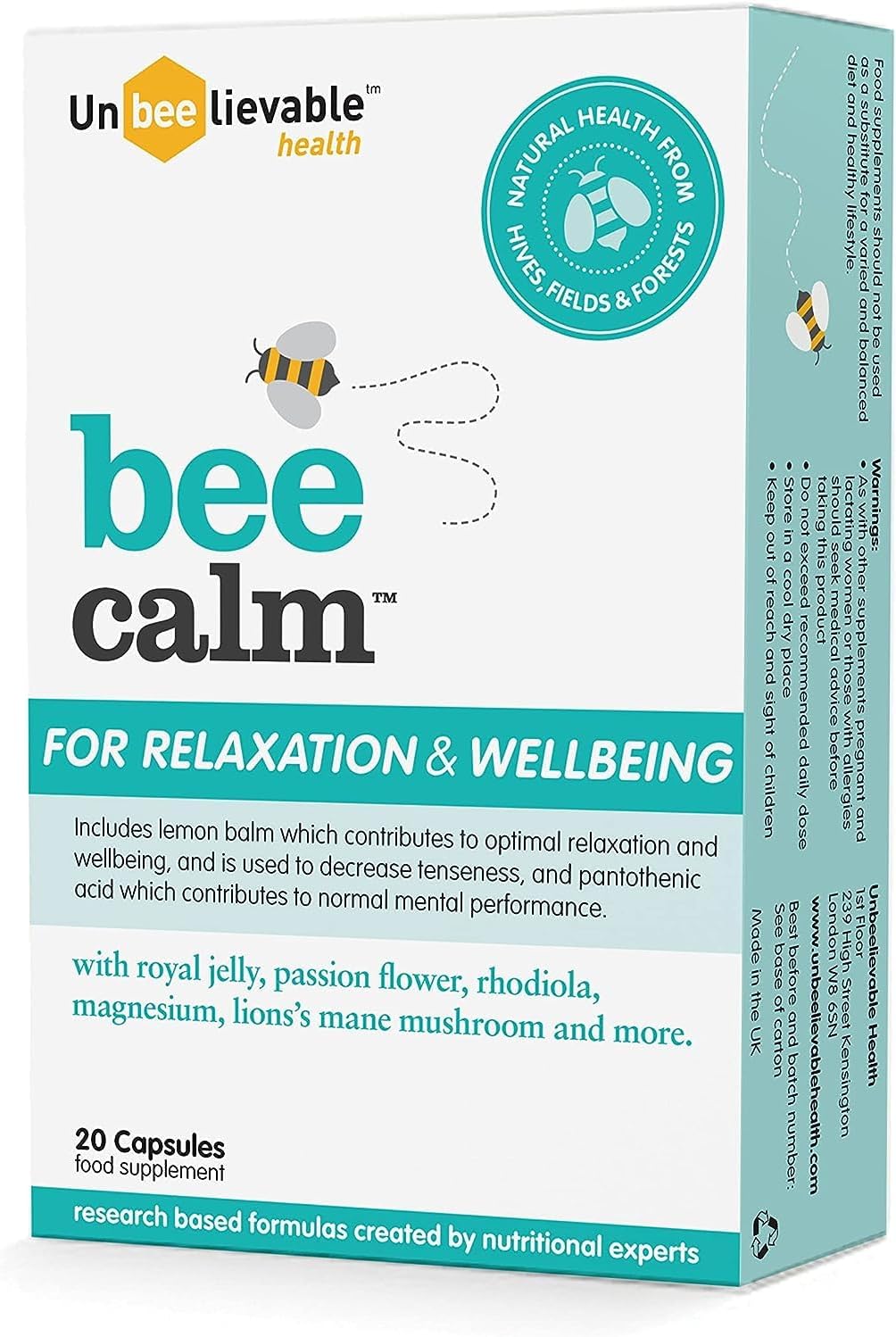 Unbeelievable Health Bee Calm Relaxation Support supplement bottle, 20 capsules.