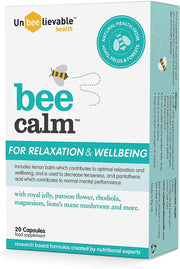 Unbeelievable Health Bee Calm Relaxation Support supplement bottle, 20 capsules.