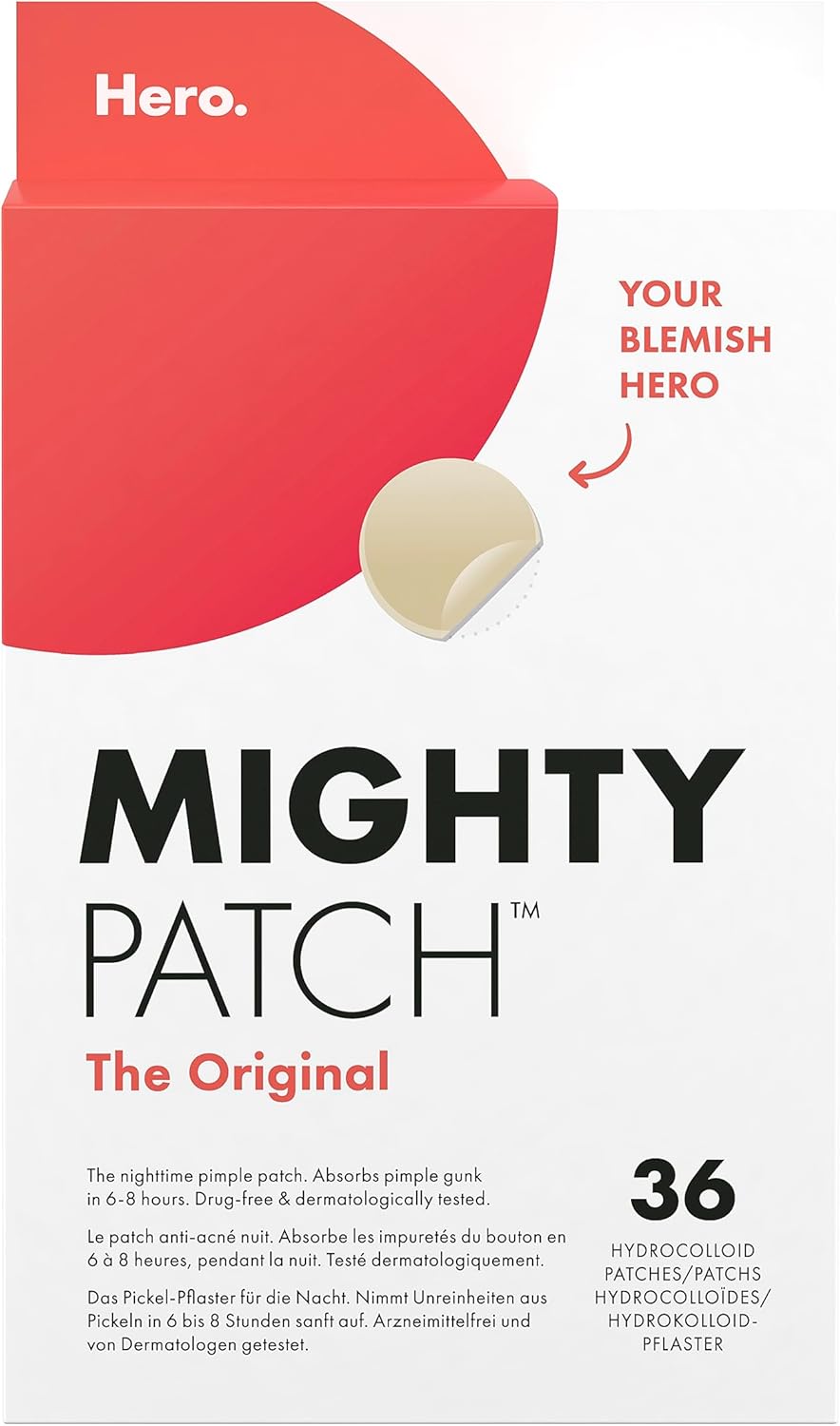Box of Hero Mighty Patch Original hydrocolloid acne patches, 36 count.