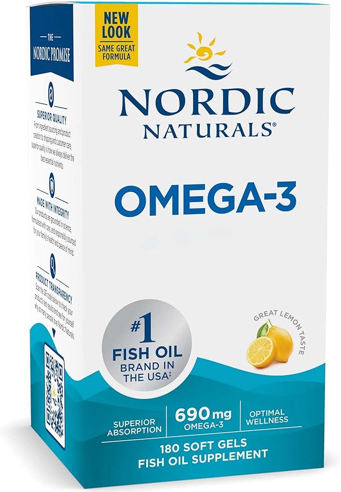 Nordic Naturals Omega-3 Lemon Flavoured Fish Oil 180 Softgels box.