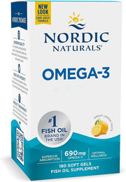 Nordic Naturals Omega-3 Lemon Flavoured Fish Oil 180 Softgels box.