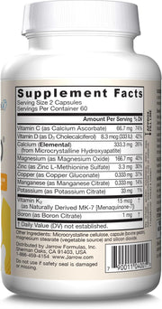 Supplement Facts Image: Jarrow Formulas BoneUp calcium 1000mg D3 K2 capsules supplement facts, ingredients and barcode 120 count