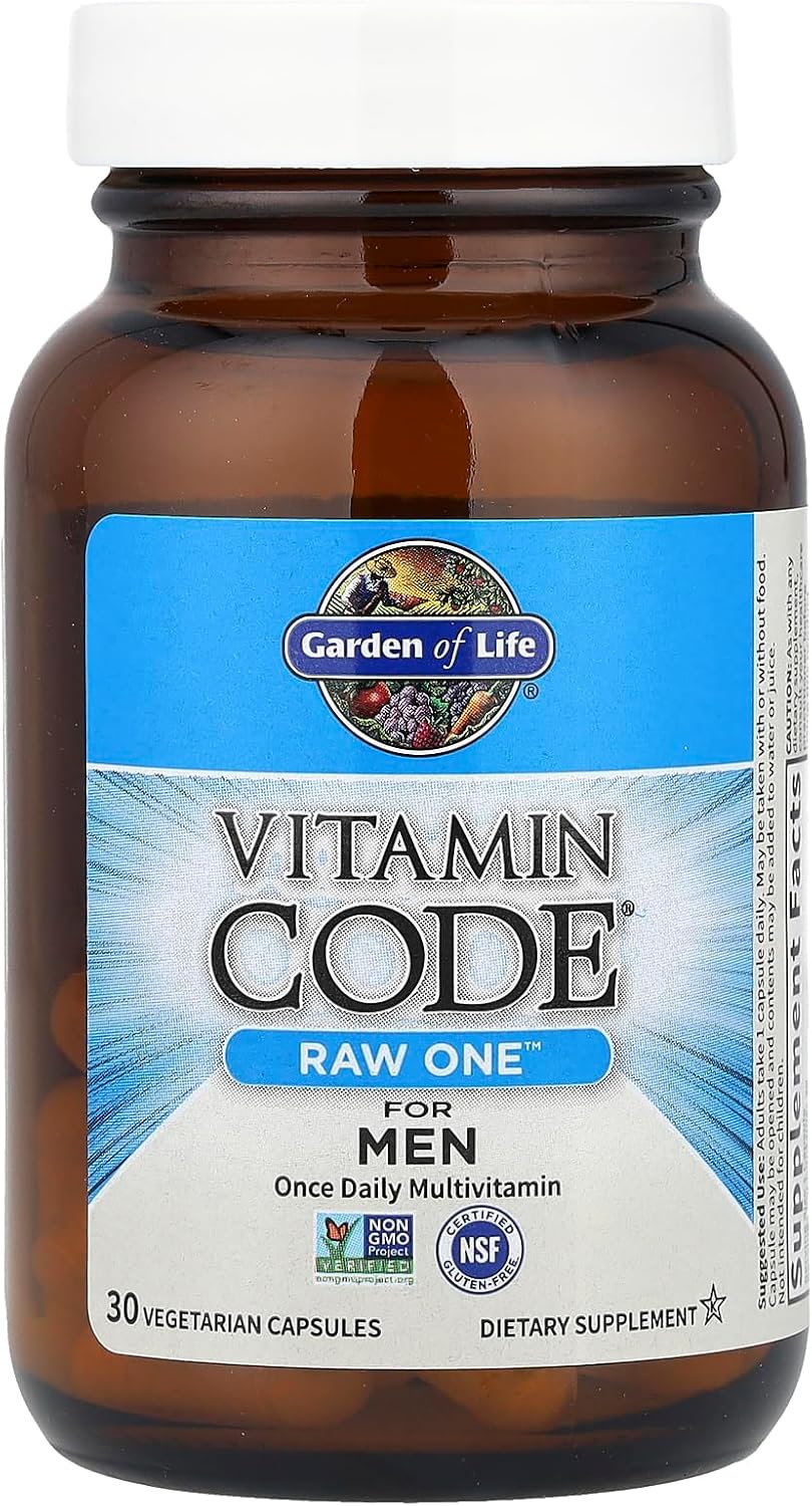 Garden of Life Vitamin Code Raw One for Men multivitamin bottle, 30-count vegetarian capsules.