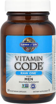 Garden of Life Vitamin Code Raw One for Men multivitamin bottle, 30-count vegetarian capsules.