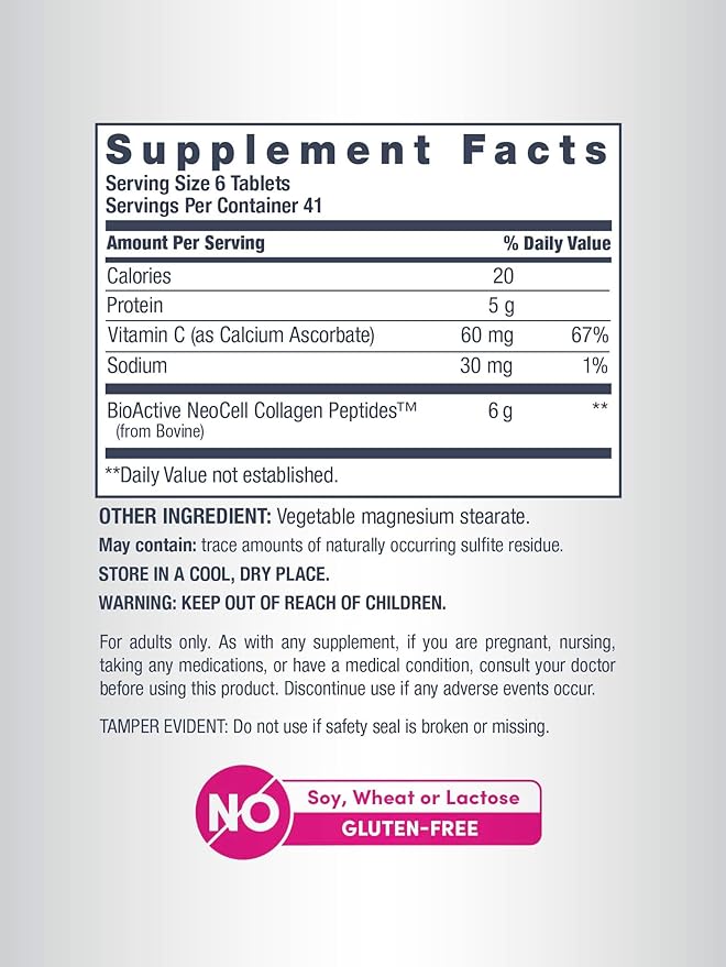 Supplement facts panel for NeoCell collagen and vitamin C tablets.