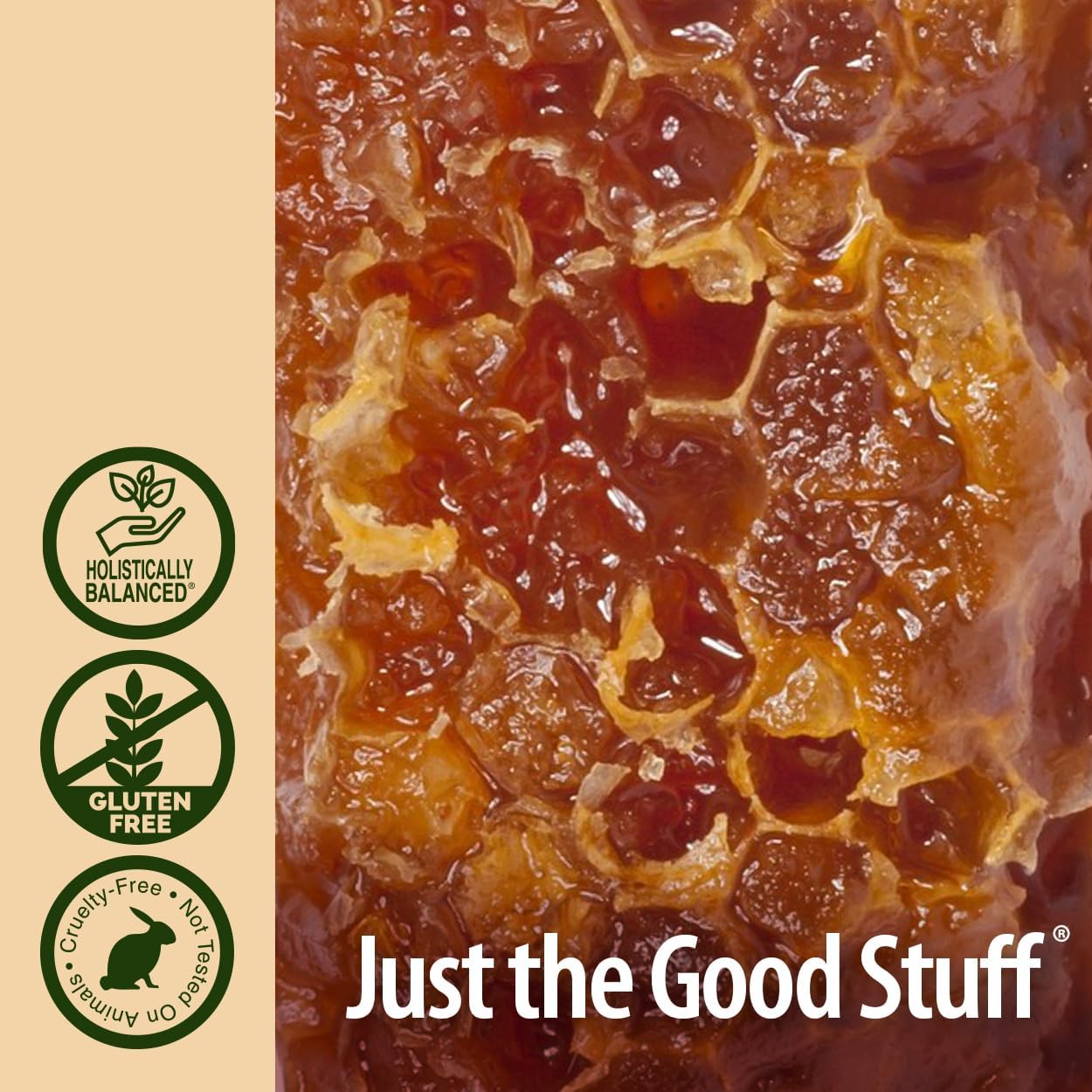 Honeycomb with honey and 'Just the Good Stuff' branding on a beige background