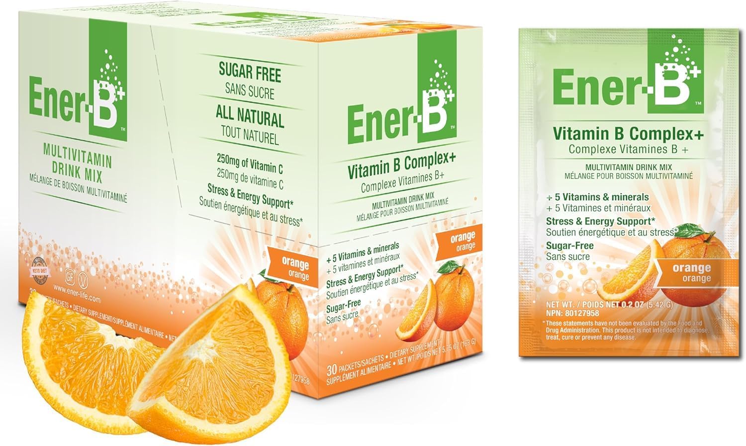 Ener-B+ Sugar Free Orange vitamin B powder mix box front label 30 sachets on white background