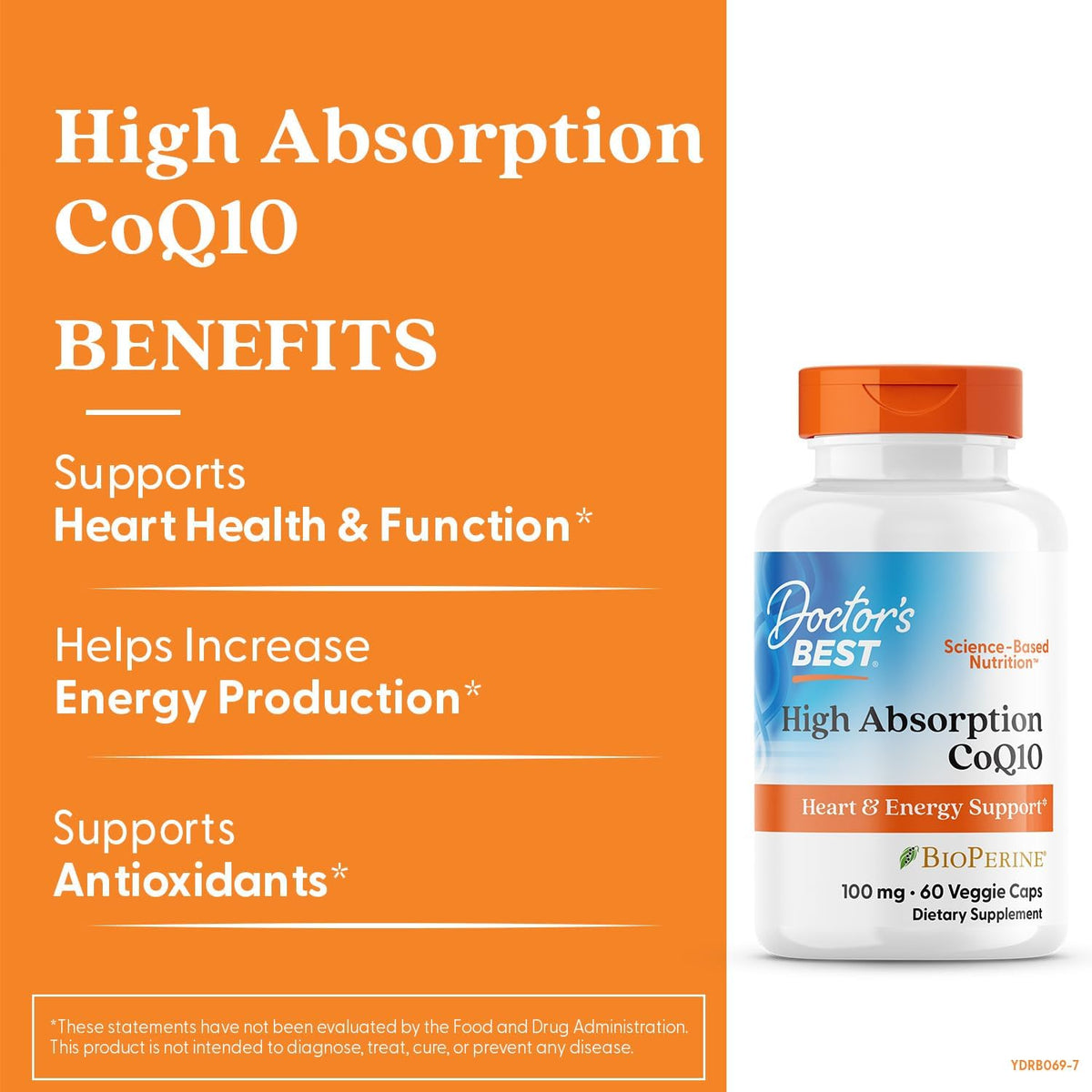 Doctor's Best High Absorption CoQ10 with BioPerine, bottle packaging, unflavoured, 100mg, 60 or 120 veggie capsules, daily dietary supplement use