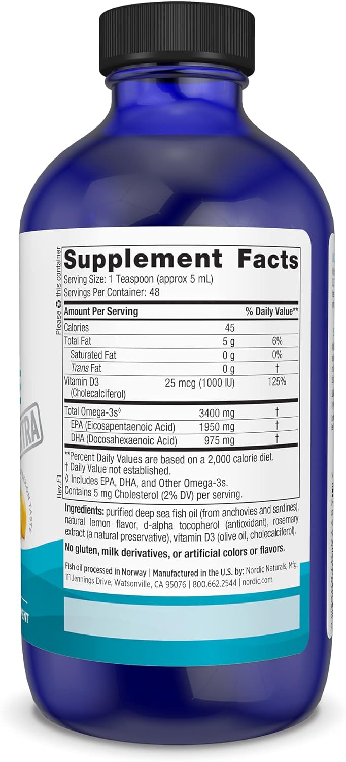 Supplement facts label and dosing guide for Nordic Naturals liquid omega-3 with D3.