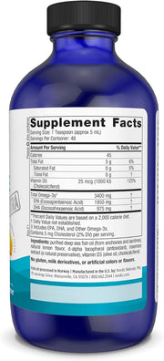 Supplement facts label and dosing guide for Nordic Naturals liquid omega-3 with D3.