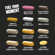Illustrations of various dietary supplements with labels on a black background, featuring the text 'Fuel Your Moment'.