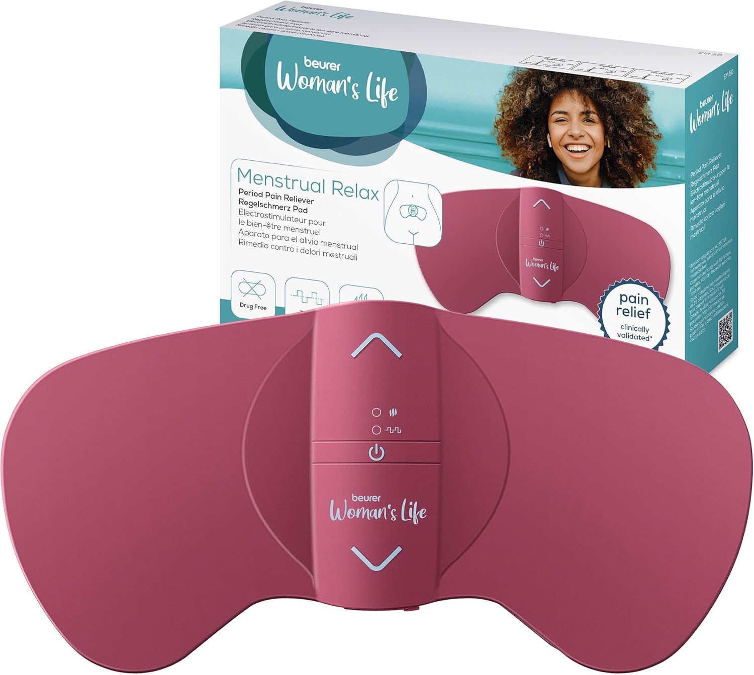 Beurer EM50 Menstrual Relax rechargeable device in pink.