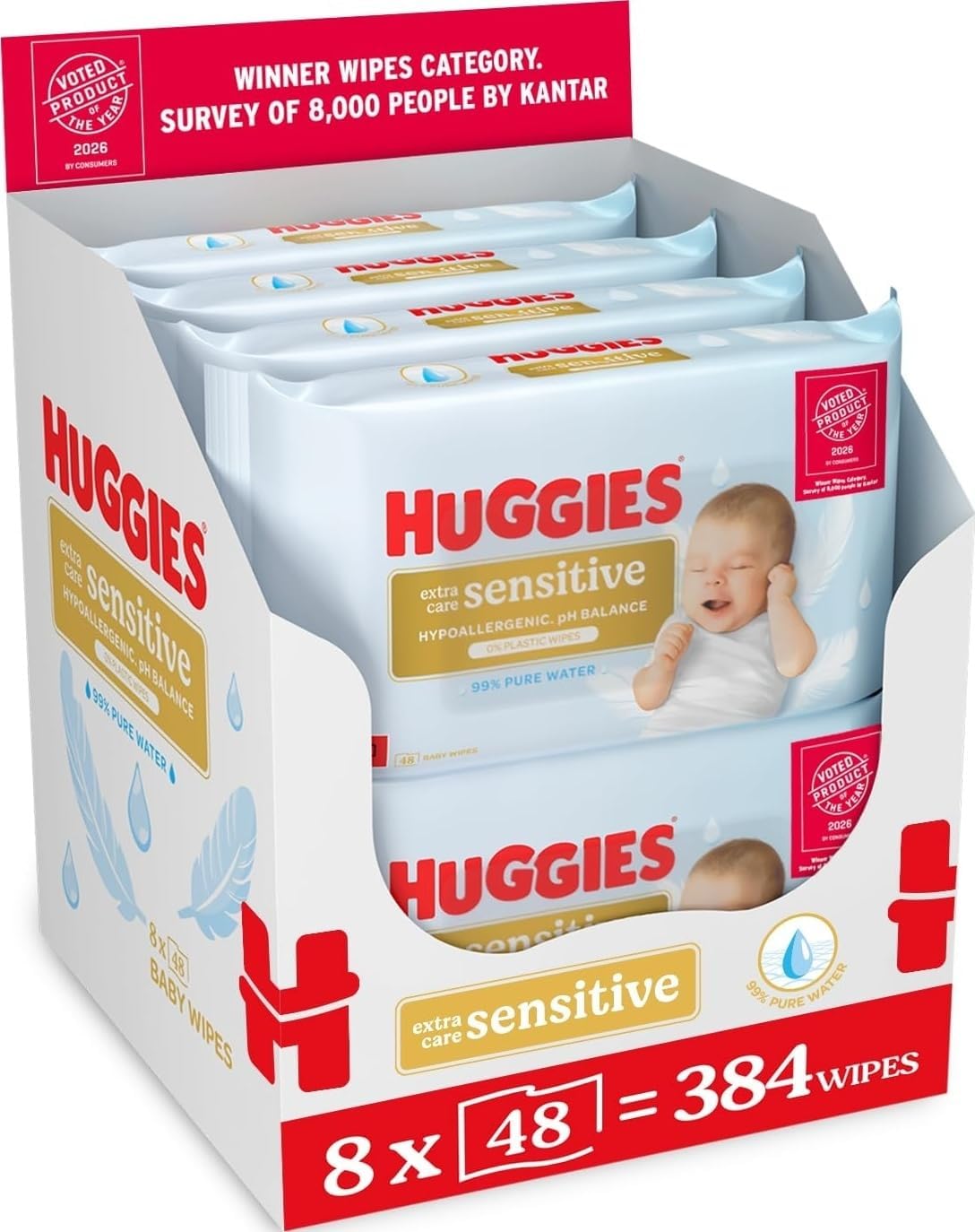 Huggies Extra Care Sensitive Baby Wipes soft pack fragrance-free wipes 8 x 48 wipes