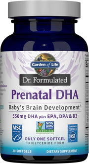 Garden of Life Dr. Formulated Prenatal DHA bottle, 30 softgels.