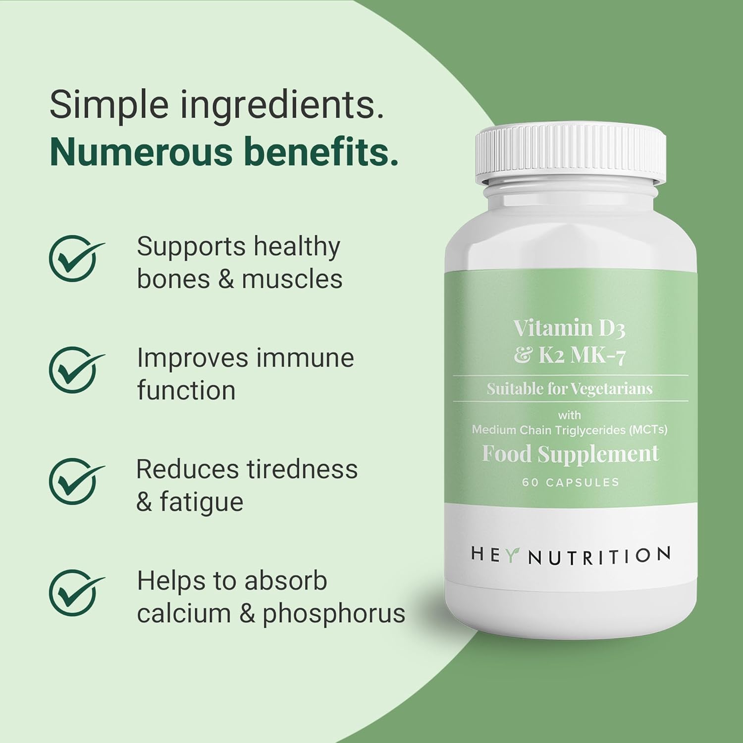 Hey Nutrition Vitamin D3 & K2 MK-7 with MCT Oil - 60 Capsules