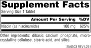 Supplement facts & ingredients image: Source Naturals Niacinamide vitamin B3 100mg tablets ingredient panel 100 count