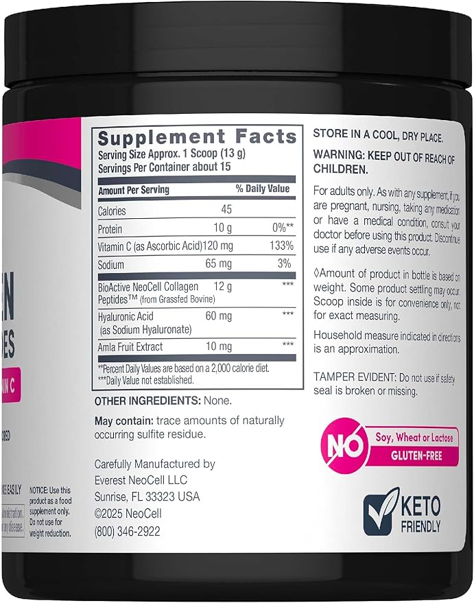 Supplement facts panel and usage instructions for NeoCell Super Collagen powder.
