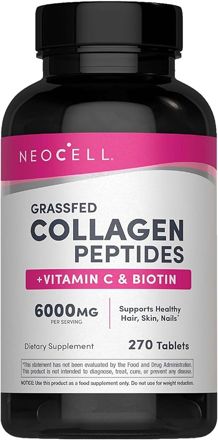 NeoCell Grass Fed Collagen Peptides bottle with Vitamin C and Biotin 270 tablets on white background.
