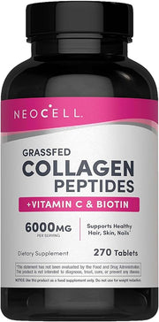 NeoCell Grass Fed Collagen Peptides bottle with Vitamin C and Biotin 270 tablets on white background.