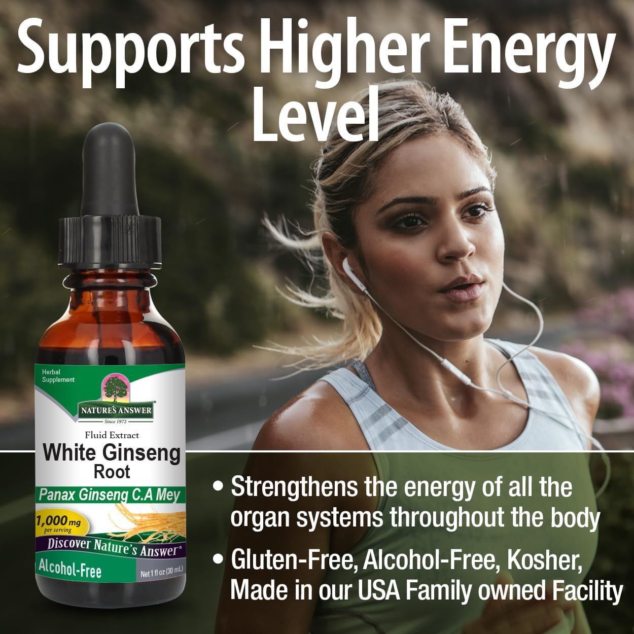 Bottle of Natures Answer White Ginseng Root with a woman exercising outdoors.