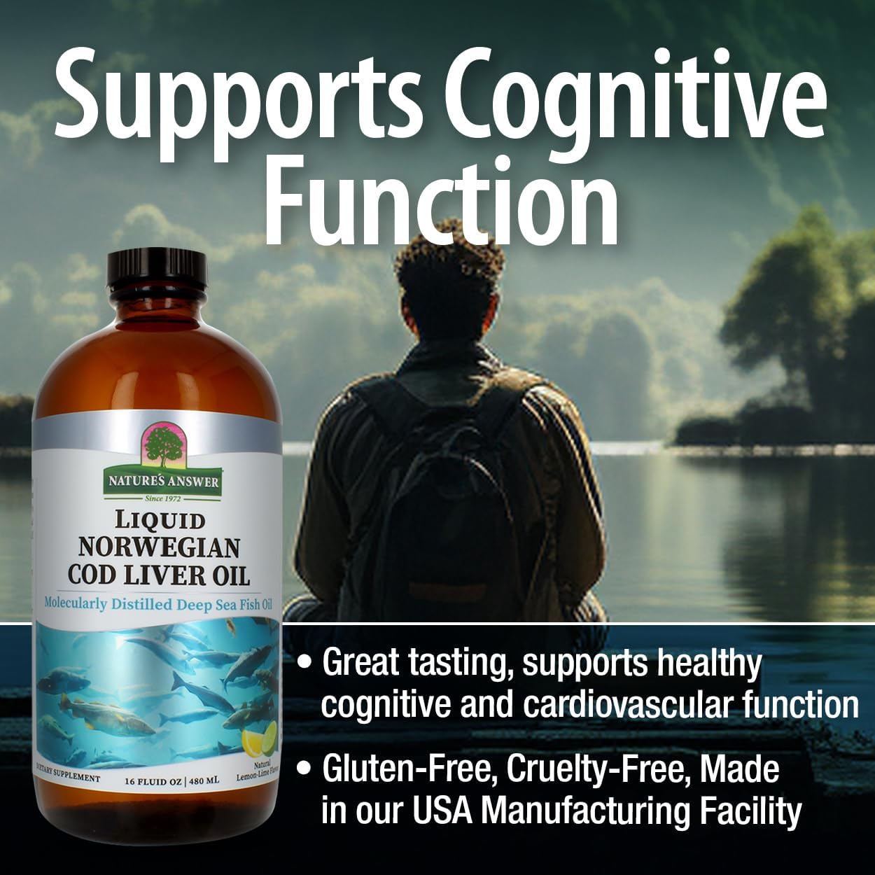 Nature's Answer Liquid Norwegian Cod Liver Oil bottle with a person standing by a lake, text about cognitive function and product features.