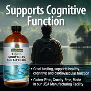 Nature's Answer Liquid Norwegian Cod Liver Oil bottle with a person standing by a lake, text about cognitive function and product features.