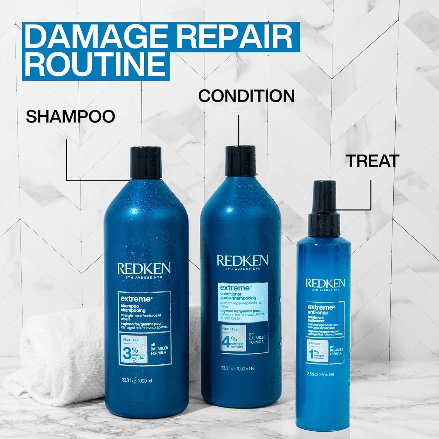 Redken Extreme Conditioner bottle, protein formula, 1000ml routine variations.